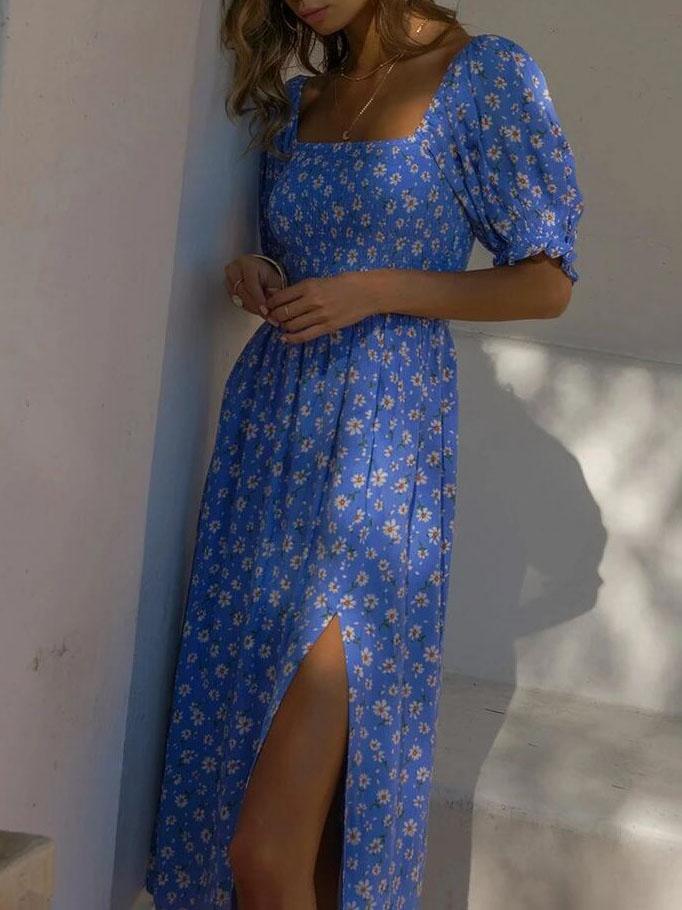 Printed Square Neck Split Hem Dress - Midi Dresses - INS | Online Fashion Free Shipping Clothing, Dresses, Tops, Shoes - 20-30 - 25/06/2021 - color-blue