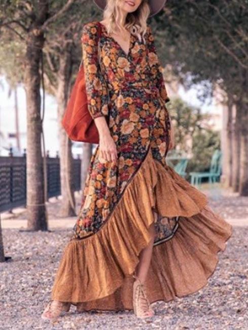 Retro Long Sleeve Printed Long Dress - Maxi Dresses - INS | Online Fashion Free Shipping Clothing, Dresses, Tops, Shoes - 05/06/2021 - Color_Brown - DRE2106050114