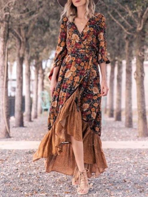 Retro Long Sleeve Printed Long Dress - Maxi Dresses - INS | Online Fashion Free Shipping Clothing, Dresses, Tops, Shoes - 05/06/2021 - Color_Brown - DRE2106050114