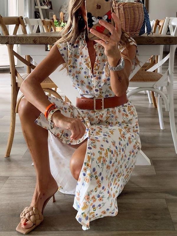 Retro Print Short Sleeve Split Dress - Midi Dresses - INS | Online Fashion Free Shipping Clothing, Dresses, Tops, Shoes - 20-30 - 30/06/2021 - Category_Midi Dresses