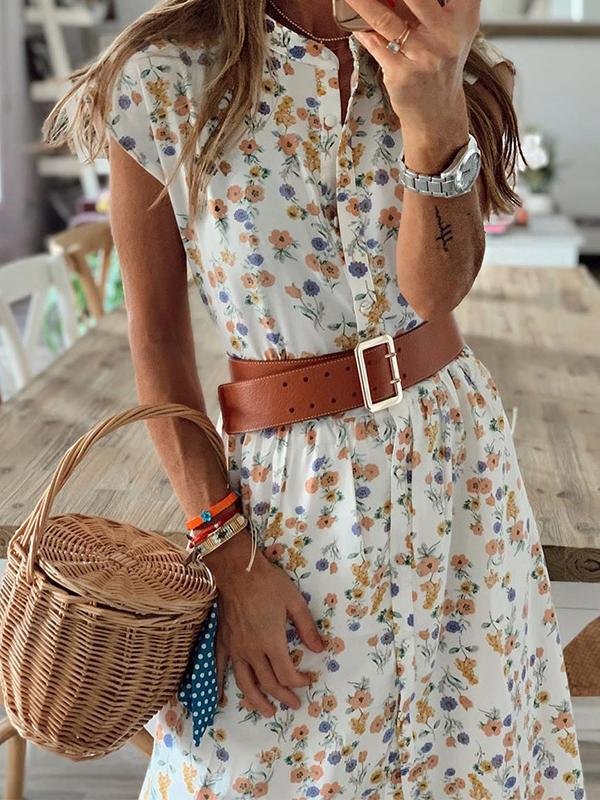 Retro Print Short Sleeve Split Dress - Midi Dresses - INS | Online Fashion Free Shipping Clothing, Dresses, Tops, Shoes - 20-30 - 30/06/2021 - Category_Midi Dresses