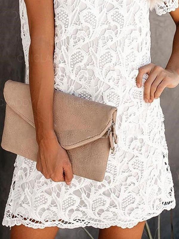 Round Neck Cutout Lace Short Sleeve Mini Dress - Mini Dresses - INS | Online Fashion Free Shipping Clothing, Dresses, Tops, Shoes - 05/19/2021 - Category_Mini Dresses - Color_White