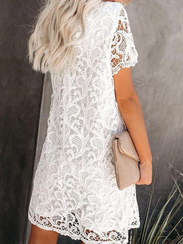 Round Neck Cutout Lace Short Sleeve Mini Dress - Mini Dresses - INS | Online Fashion Free Shipping Clothing, Dresses, Tops, Shoes - 05/19/2021 - Category_Mini Dresses - Color_White