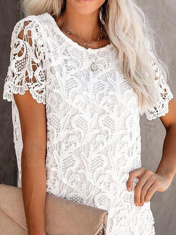 Round Neck Cutout Lace Short Sleeve Mini Dress - Mini Dresses - INS | Online Fashion Free Shipping Clothing, Dresses, Tops, Shoes - 05/19/2021 - Category_Mini Dresses - Color_White