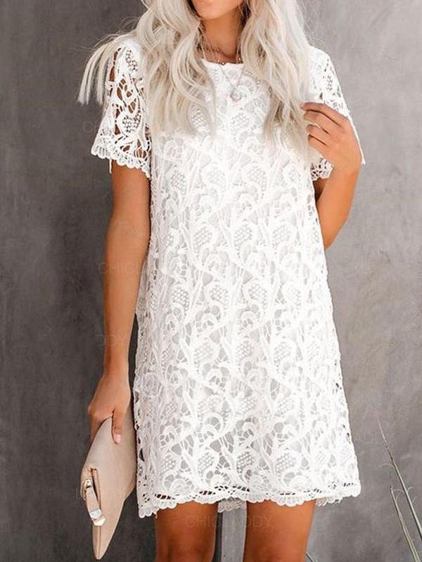 Round Neck Cutout Lace Short Sleeve Mini Dress - Mini Dresses - INS | Online Fashion Free Shipping Clothing, Dresses, Tops, Shoes - 05/19/2021 - Category_Mini Dresses - Color_White