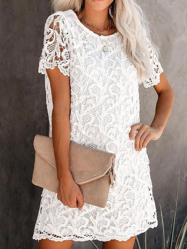 Round Neck Cutout Lace Short Sleeve Mini Dress - Mini Dresses - INS | Online Fashion Free Shipping Clothing, Dresses, Tops, Shoes - 05/19/2021 - Category_Mini Dresses - Color_White