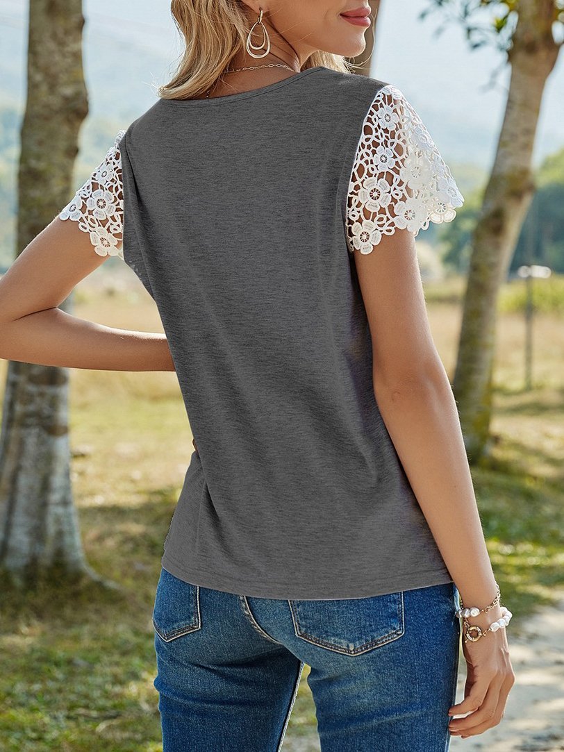 Round Neck Lace Short Sleeve Pullover T-shirt - T-shirts - INS | Online Fashion Free Shipping Clothing, Dresses, Tops, Shoes - 10-20 - 24/06/2021 - color-l