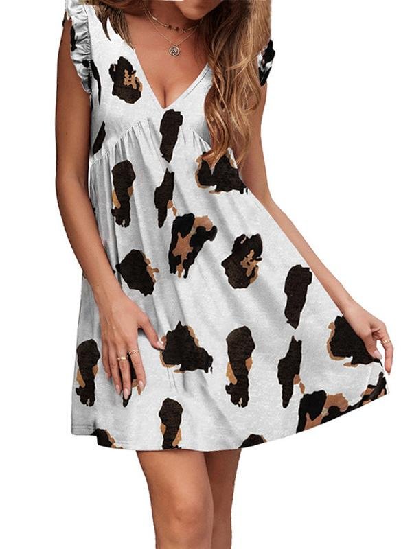 Ruffle Sleeve Leopard Print Mini Dress - Mini Dresses - INS | Online Fashion Free Shipping Clothing, Dresses, Tops, Shoes - 13/04/2021 - Color_Khaki - Color_White