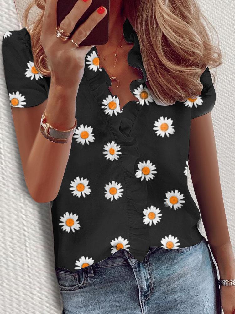 Ruffled Short Sleeve Daisy Print V-Neck Blouses - Blouses - INS | Online Fashion Free Shipping Clothing, Dresses, Tops, Shoes - 10-20 - 17/07/2021 - BLO2107171201