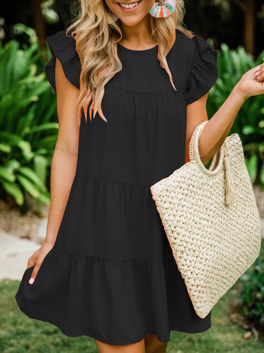 Ruffled Sleeve Pleated Casual Dress - Mini Dresses - INS | Online Fashion Free Shipping Clothing, Dresses, Tops, Shoes - 09/07/2021 - 20-30 - color-black