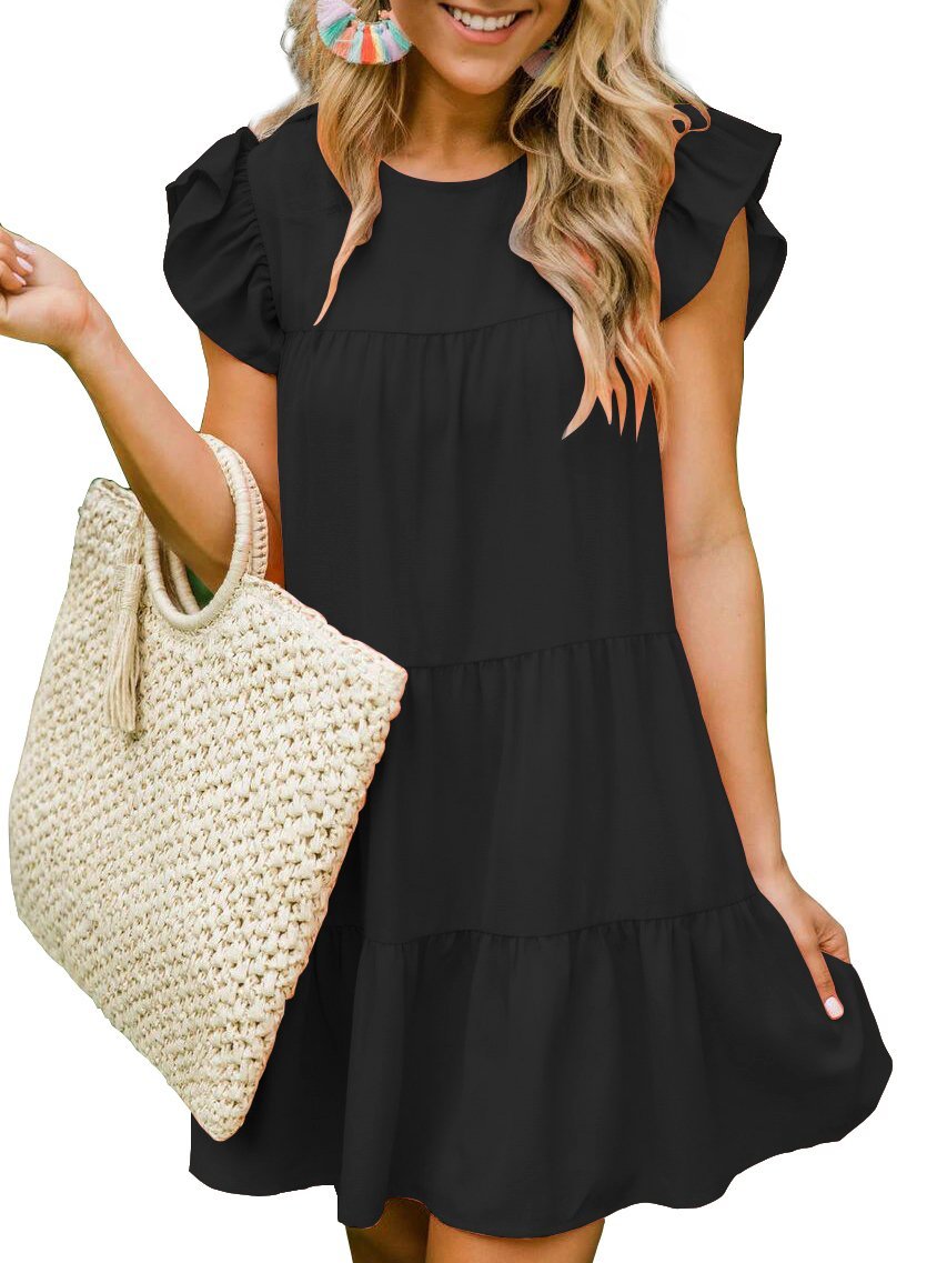Ruffled Sleeve Pleated Casual Dress - Mini Dresses - INS | Online Fashion Free Shipping Clothing, Dresses, Tops, Shoes - 09/07/2021 - 20-30 - color-black