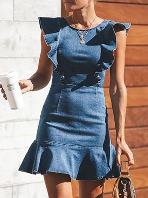 Ruffled Slim Stretch Denim Dress - Mini Dresses - INS | Online Fashion Free Shipping Clothing, Dresses, Tops, Shoes - Color_Blue - Colour_Light Blue - DRE210412752