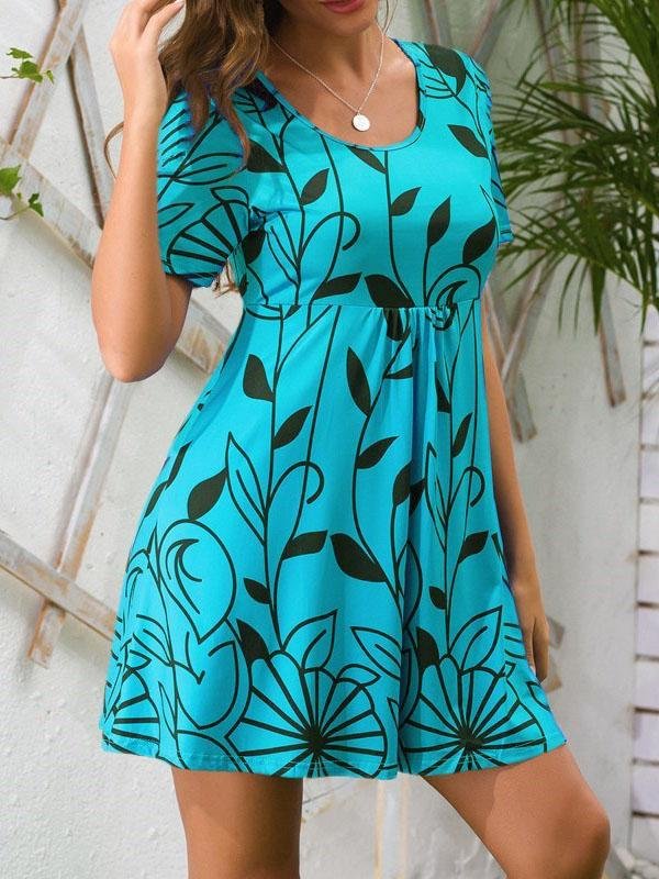 Short Sleeve Leaf Print Round Neck Mini Dress - Mini Dresses - INS | Online Fashion Free Shipping Clothing, Dresses, Tops, Shoes - 02/06/2021 - Category_Mini Dresses - Color_Blue