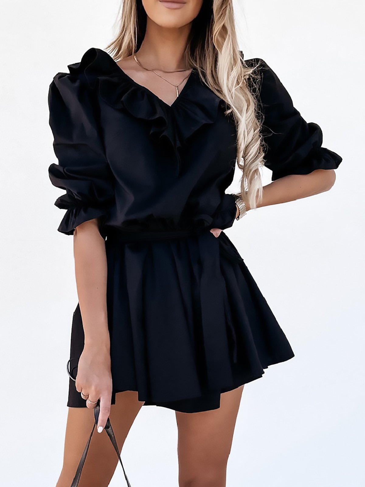 Short-sleeved V-neck Ruffled Lace-up Pleated Skirt - Mini Dresses - INS | Online Fashion Free Shipping Clothing, Dresses, Tops, Shoes - 13/07/2021 - 20-30 - color-black