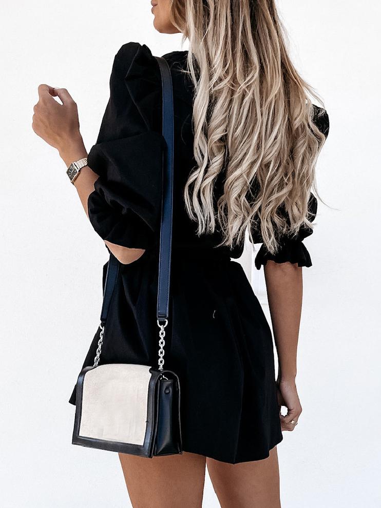 Short-sleeved V-neck Ruffled Lace-up Pleated Skirt - Mini Dresses - INS | Online Fashion Free Shipping Clothing, Dresses, Tops, Shoes - 13/07/2021 - 20-30 - color-black