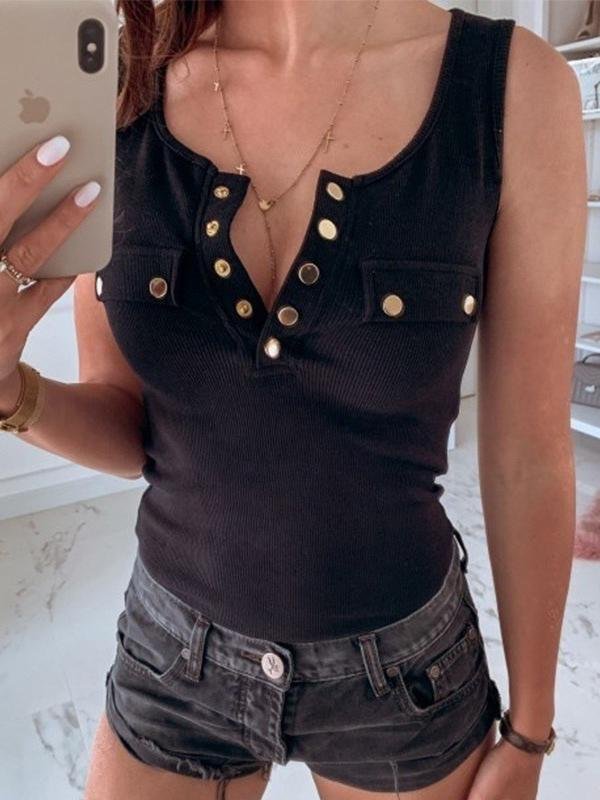 Sleeveless Button Tight Top - Tank Tops - INS | Online Fashion Free Shipping Clothing, Dresses, Tops, Shoes - 10-20 - 19/06/2021 - color-black