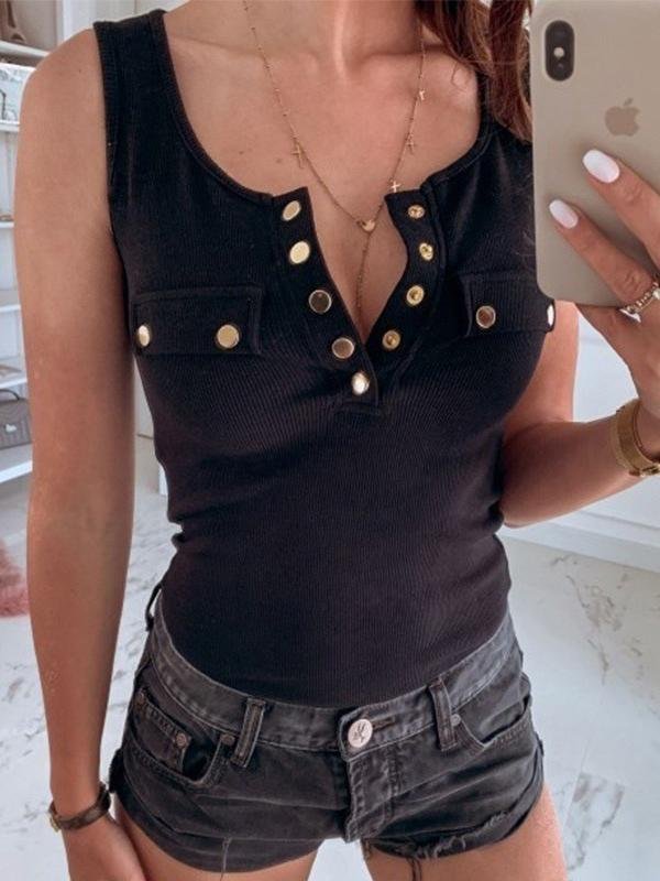 Sleeveless Button Tight Top - Tank Tops - INS | Online Fashion Free Shipping Clothing, Dresses, Tops, Shoes - 10-20 - 19/06/2021 - color-black