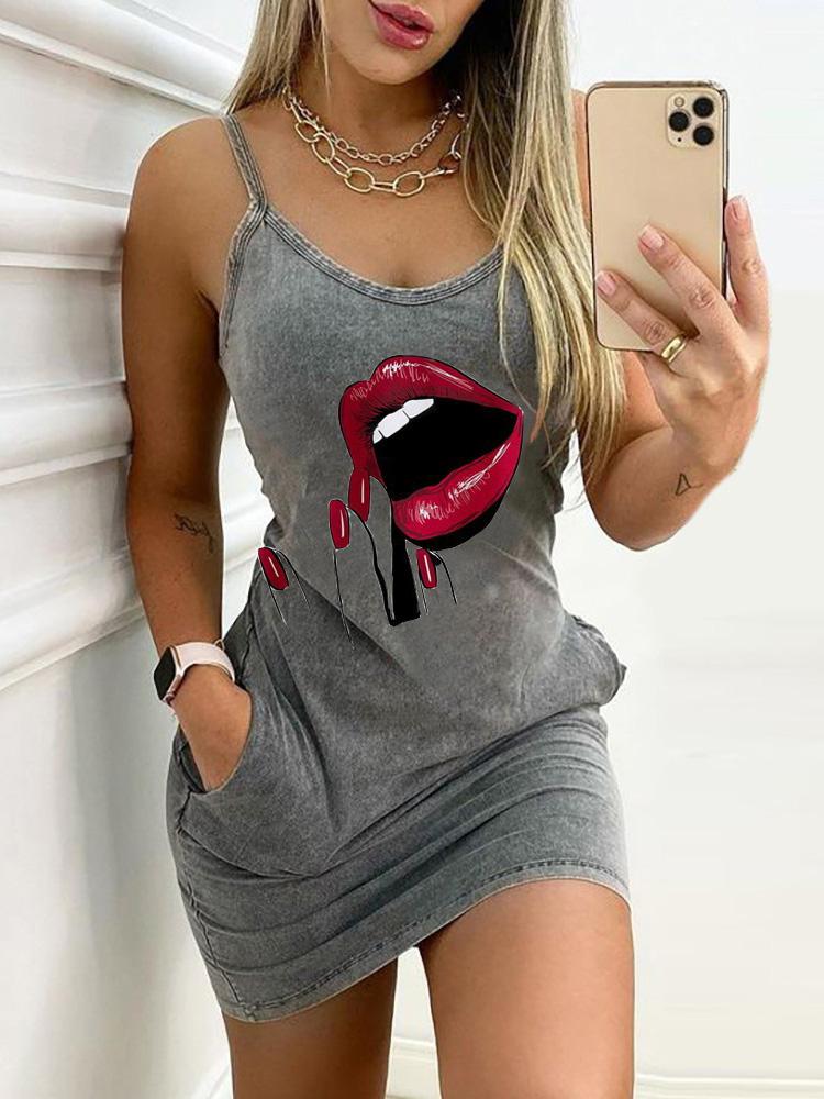 Sleeveless Sling Print Bag Hip Tight Dress - Mini Dresses - INS | Online Fashion Free Shipping Clothing, Dresses, Tops, Shoes - 05/17/2021 - Category_Mini Dresses - Color_Eyes