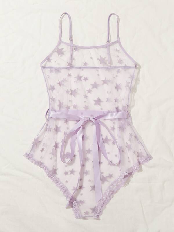 Star Print Sheer Belted Teddy Bodysuit - INS | Online Fashion Free Shipping Clothing, Dresses, Tops, Shoes