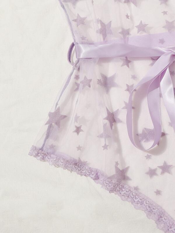 Star Print Sheer Belted Teddy Bodysuit - INS | Online Fashion Free Shipping Clothing, Dresses, Tops, Shoes