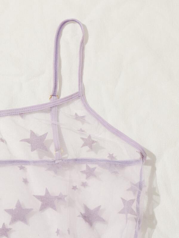 Star Print Sheer Belted Teddy Bodysuit - INS | Online Fashion Free Shipping Clothing, Dresses, Tops, Shoes