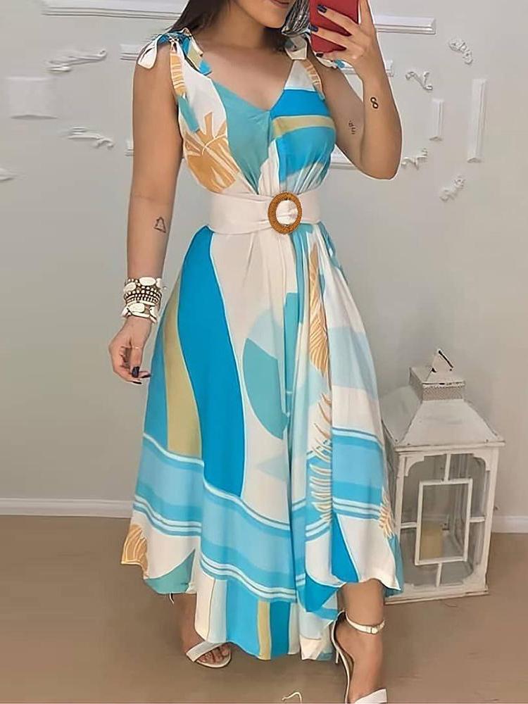 Tropical Print V Neck Tie Up Maxi Dress With Belt - Maxi Dresses - INS | Online Fashion Free Shipping Clothing, Dresses, Tops, Shoes - 28/04/2021 - Color_ Blue - DRE210428100