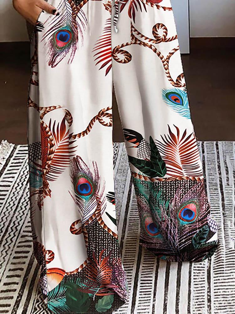 Twisted Front Peacock Print Crop Top & Drawstring Wide Leg Pants Set - Two-piece Outfits - INS | Online Fashion Free Shipping Clothing, Dresses, Tops, Shoes - 04/05/2021 - Color_Multicolor - SET210504070