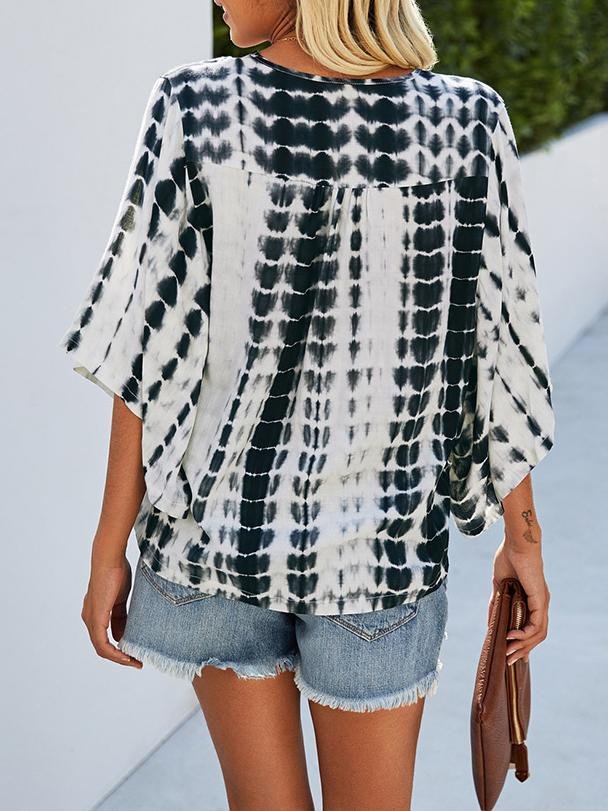 V-neck Five-point Sleeve Tie Dye Printed Loose Blouse - Blouses - INS | Online Fashion Free Shipping Clothing, Dresses, Tops, Shoes - 20-30 - 22/07/2021 - BLO2107221248