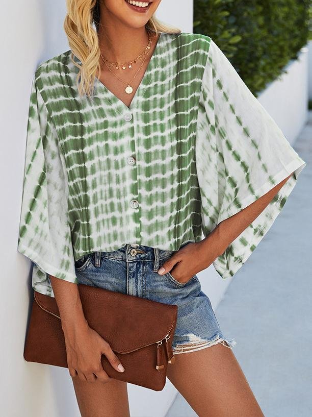 V-neck Five-point Sleeve Tie Dye Printed Loose Blouse - Blouses - INS | Online Fashion Free Shipping Clothing, Dresses, Tops, Shoes - 20-30 - 22/07/2021 - BLO2107221248