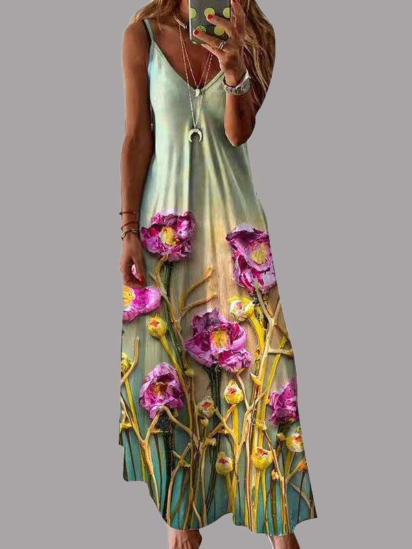 V-neck Floral Print Suspender Dress - Maxi Dresses - INS | Online Fashion Free Shipping Clothing, Dresses, Tops, Shoes - 10/06/2021 - Color_Green - Color_Purple