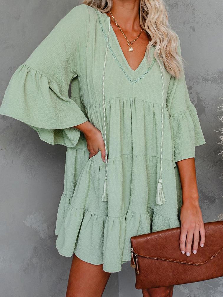 V-Neck Fringe Ruffled Mini Dress - Mini Dresses - INS | Online Fashion Free Shipping Clothing, Dresses, Tops, Shoes - 20-30 - 22/07/2021 - Category_Mini Dresses