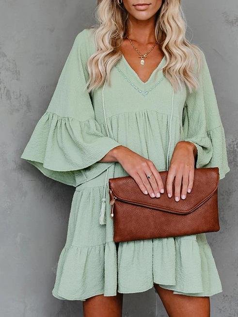 V-Neck Fringe Ruffled Mini Dress - Mini Dresses - INS | Online Fashion Free Shipping Clothing, Dresses, Tops, Shoes - 20-30 - 22/07/2021 - Category_Mini Dresses