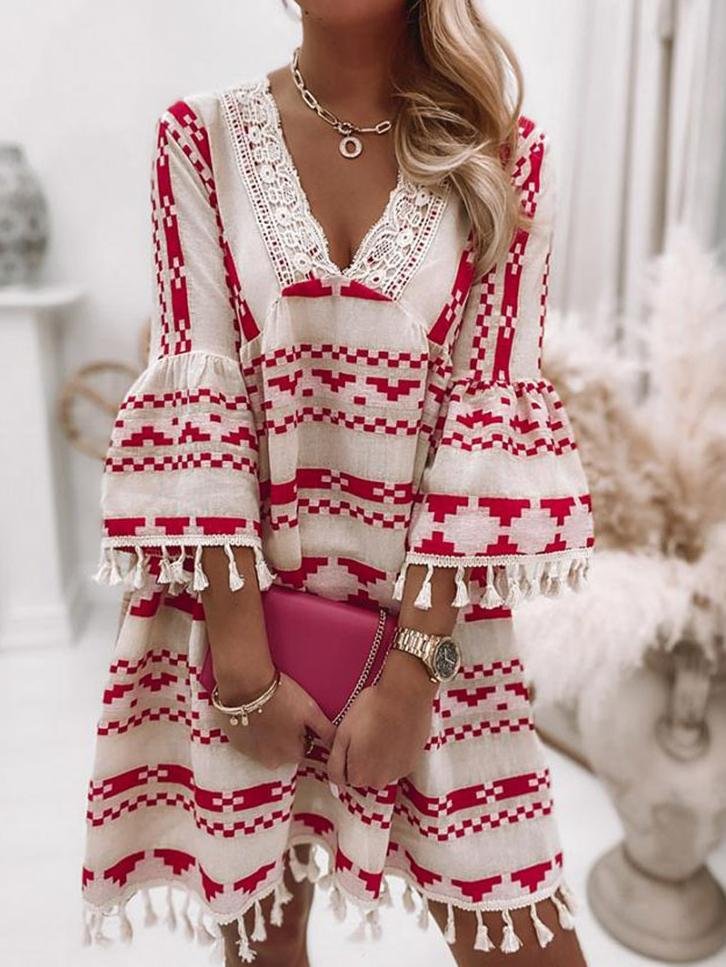 V-neck Geometric Print Flared Sleeve Dress - Mini Dresses - INS | Online Fashion Free Shipping Clothing, Dresses, Tops, Shoes - 20-30 - 29/06/2021 - color-red