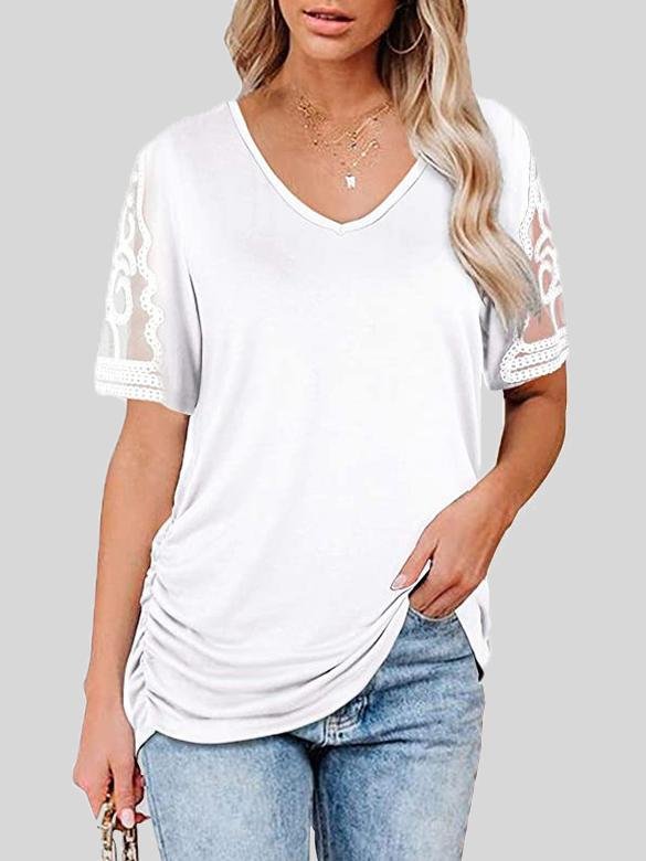 V-neck Lace Short Sleeve Pleated Top - T-shirts - INS | Online Fashion Free Shipping Clothing, Dresses, Tops, Shoes - 10-20 - 22/06/2021 - color-black