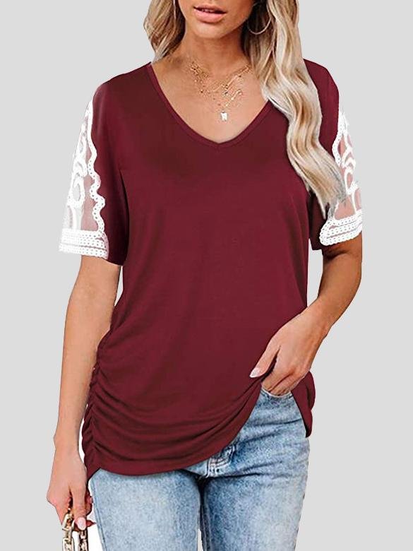 V-neck Lace Short Sleeve Pleated Top - T-shirts - INS | Online Fashion Free Shipping Clothing, Dresses, Tops, Shoes - 10-20 - 22/06/2021 - color-black