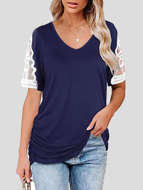 V-neck Lace Short Sleeve Pleated Top - T-shirts - INS | Online Fashion Free Shipping Clothing, Dresses, Tops, Shoes - 10-20 - 22/06/2021 - color-black