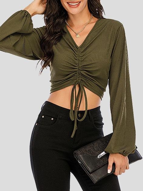 V-neck Long Sleeve Drawstring Top - T-shirts - INS | Online Fashion Free Shipping Clothing, Dresses, Tops, Shoes - 10-20 - 19/07/2021 - color-black