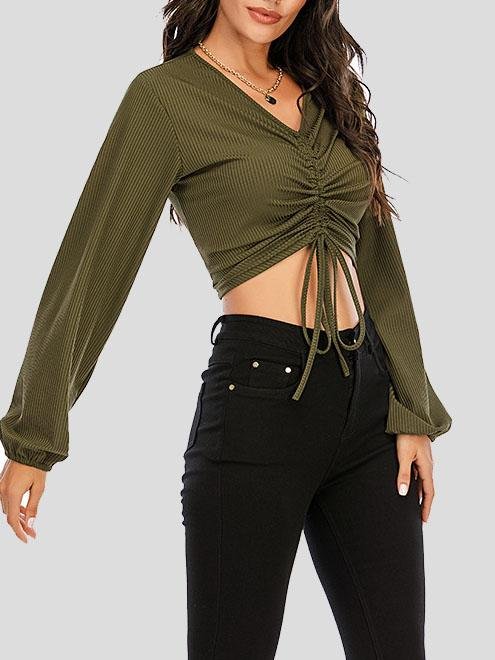 V-neck Long Sleeve Drawstring Top - T-shirts - INS | Online Fashion Free Shipping Clothing, Dresses, Tops, Shoes - 10-20 - 19/07/2021 - color-black