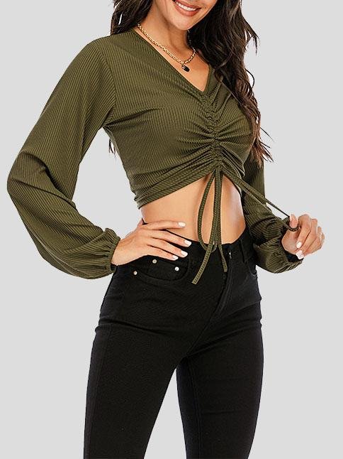 V-neck Long Sleeve Drawstring Top - T-shirts - INS | Online Fashion Free Shipping Clothing, Dresses, Tops, Shoes - 10-20 - 19/07/2021 - color-black