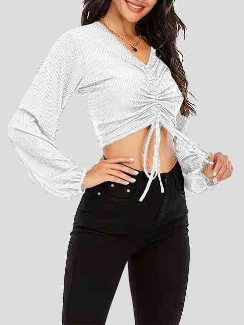 V-neck Long Sleeve Drawstring Top - T-shirts - INS | Online Fashion Free Shipping Clothing, Dresses, Tops, Shoes - 10-20 - 19/07/2021 - color-black