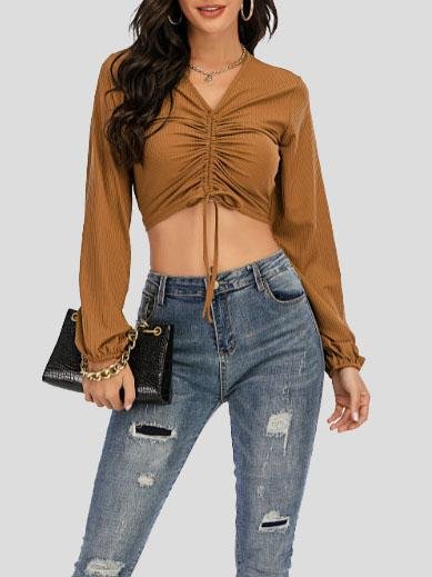 V-neck Long Sleeve Drawstring Top - T-shirts - INS | Online Fashion Free Shipping Clothing, Dresses, Tops, Shoes - 10-20 - 19/07/2021 - color-black