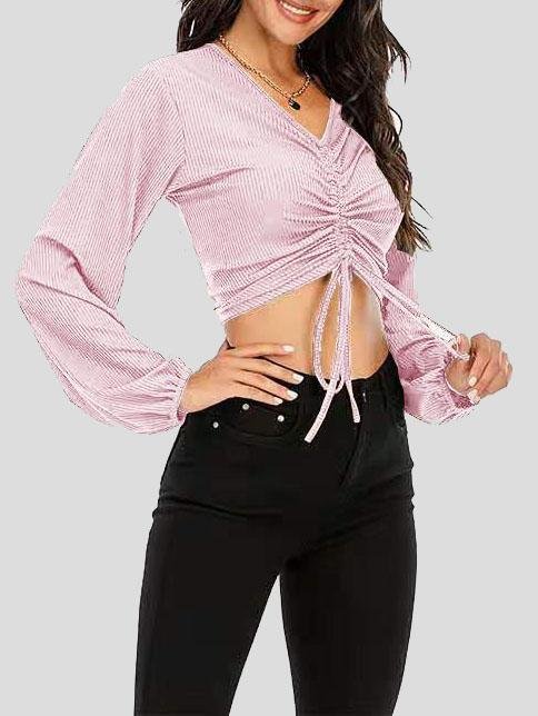 V-neck Long Sleeve Drawstring Top - T-shirts - INS | Online Fashion Free Shipping Clothing, Dresses, Tops, Shoes - 10-20 - 19/07/2021 - color-black