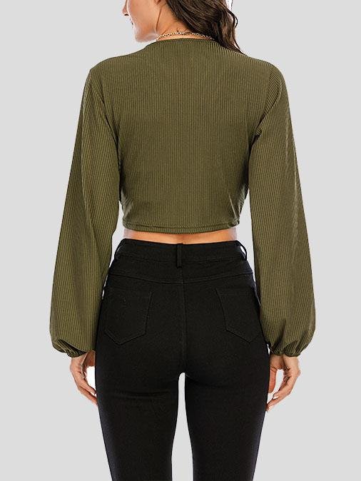 V-neck Long Sleeve Drawstring Top - T-shirts - INS | Online Fashion Free Shipping Clothing, Dresses, Tops, Shoes - 10-20 - 19/07/2021 - color-black