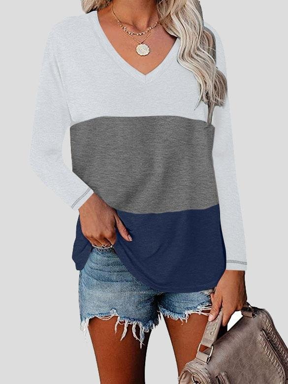 V-neck Long Sleeve Stitching T-shirt - T-shirts - INS | Online Fashion Free Shipping Clothing, Dresses, Tops, Shoes - 10-20 - 17/07/2021 - color-blue