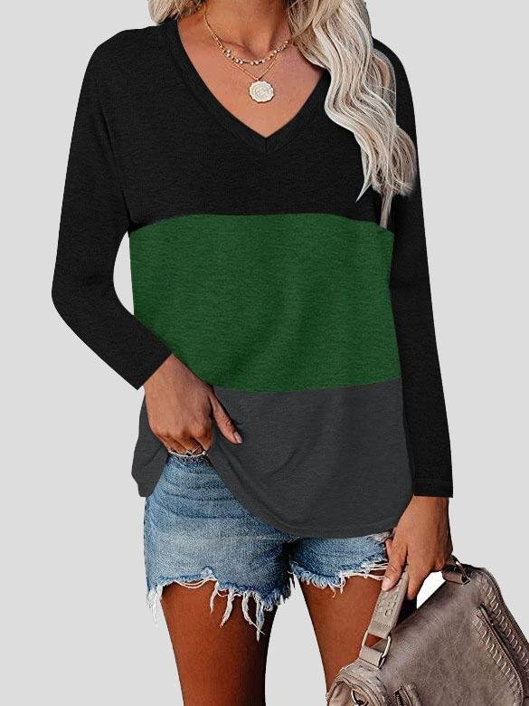 V-neck Long Sleeve Stitching T-shirt - T-shirts - INS | Online Fashion Free Shipping Clothing, Dresses, Tops, Shoes - 10-20 - 17/07/2021 - color-blue