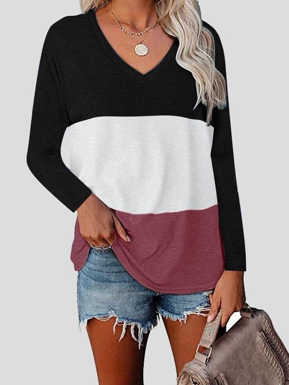 V-neck Long Sleeve Stitching T-shirt - T-shirts - INS | Online Fashion Free Shipping Clothing, Dresses, Tops, Shoes - 10-20 - 17/07/2021 - color-blue