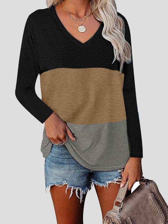 V-neck Long Sleeve Stitching T-shirt - T-shirts - INS | Online Fashion Free Shipping Clothing, Dresses, Tops, Shoes - 10-20 - 17/07/2021 - color-blue