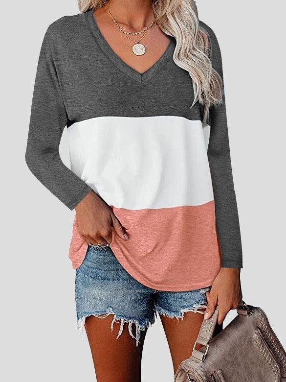 V-neck Long Sleeve Stitching T-shirt - T-shirts - INS | Online Fashion Free Shipping Clothing, Dresses, Tops, Shoes - 10-20 - 17/07/2021 - color-blue