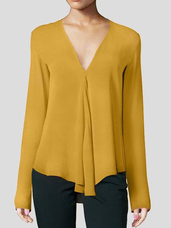 V-neck Long-sleeved Chiffon Solid Blouse - Blouses - INS | Online Fashion Free Shipping Clothing, Dresses, Tops, Shoes - 03/07/2021 - BLO2107031157 - Blouses