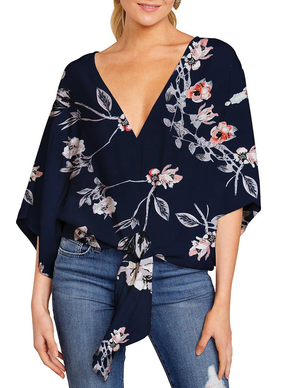 V-neck Mid-sleeve Knotted Print Top - Blouses - INS | Online Fashion Free Shipping Clothing, Dresses, Tops, Shoes - 08/06/2021 - BLO2106080050 - Blouses